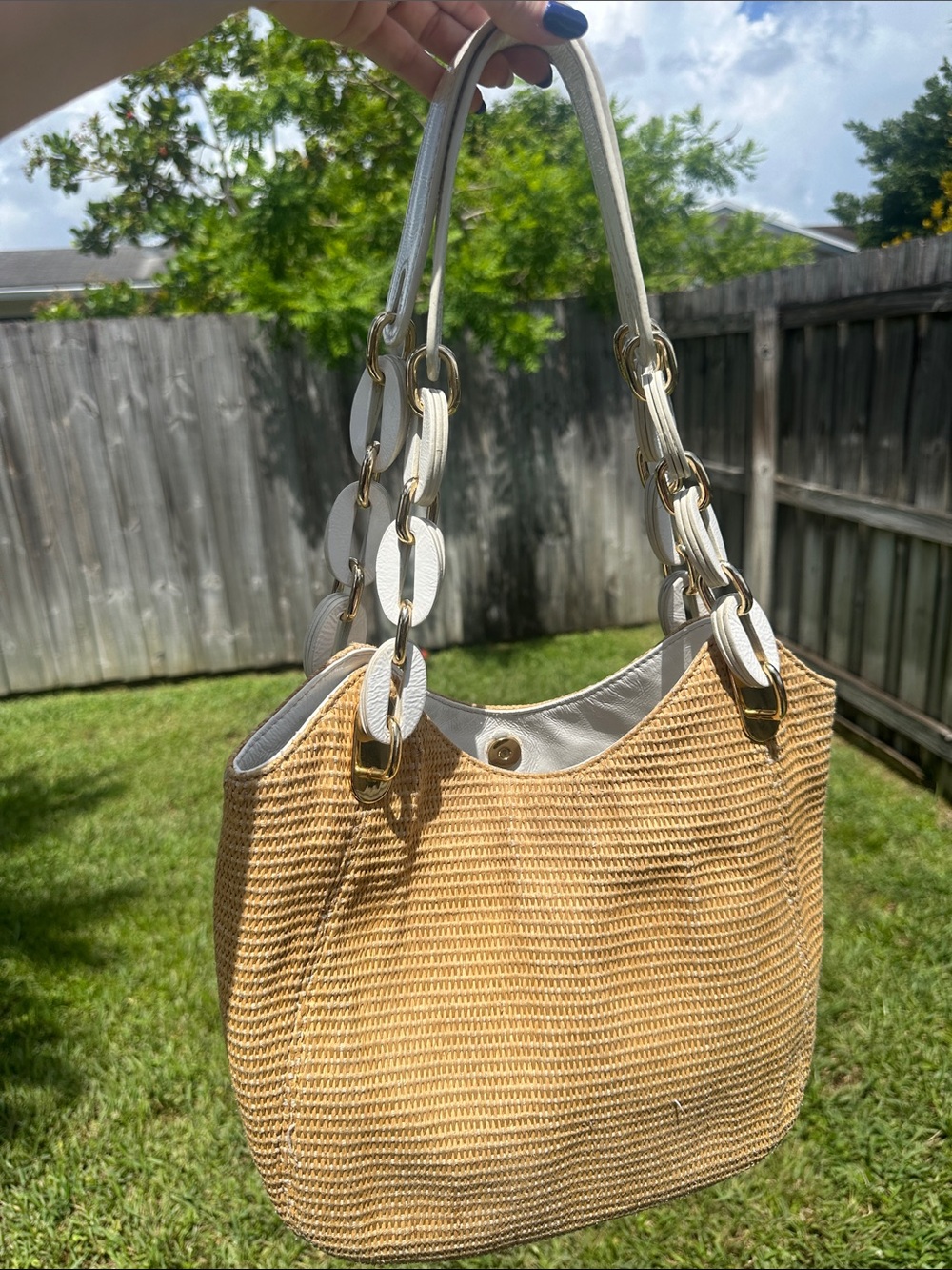 MICHAEL Michael Kors Straw Shoulder Bag with White Chain-Link Handles